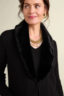 Amalie Faux Fur Collar Ribbed Cardigan Sweaters & Cardigans