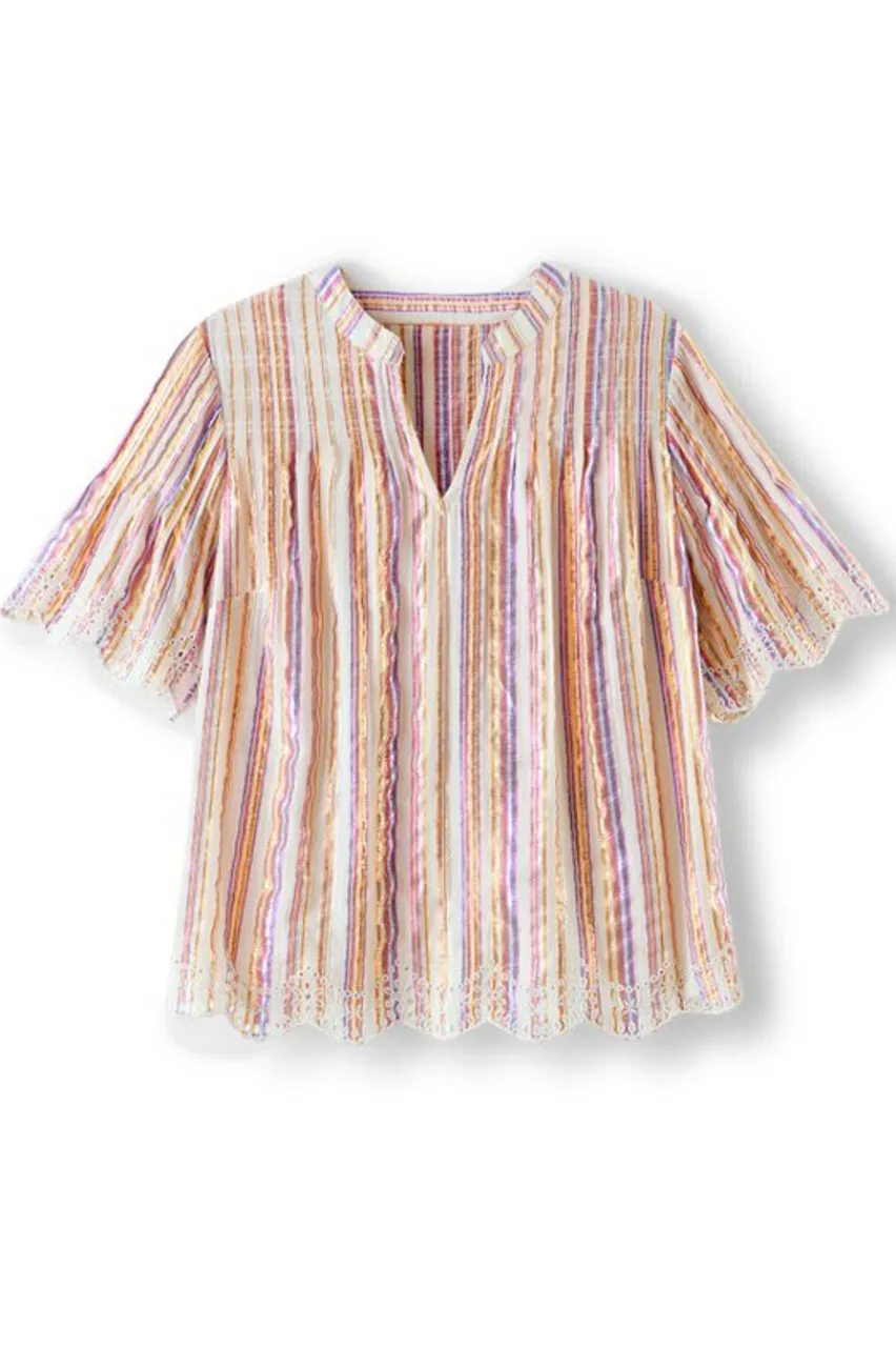 Ciel Metallic Stripe Eyelet Top Tops