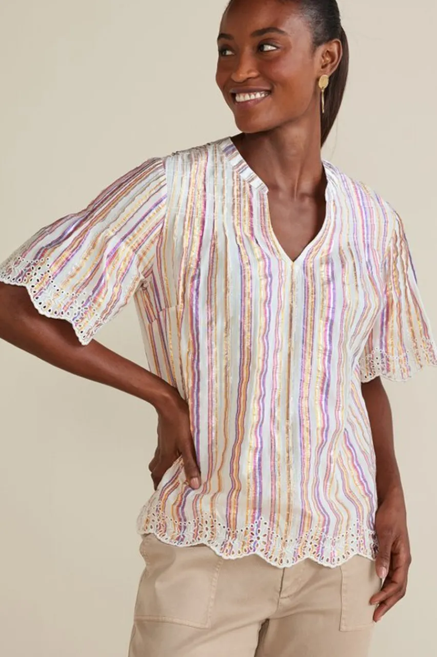Ciel Metallic Stripe Eyelet Top Tops