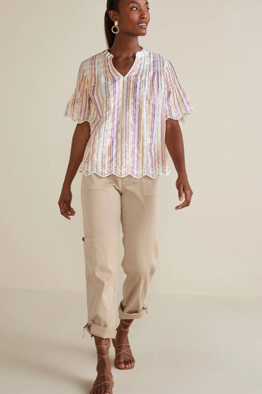 Ciel Metallic Stripe Eyelet Top Tops