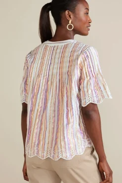 Ciel Metallic Stripe Eyelet Top Tops