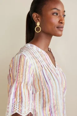 Ciel Metallic Stripe Eyelet Top Tops