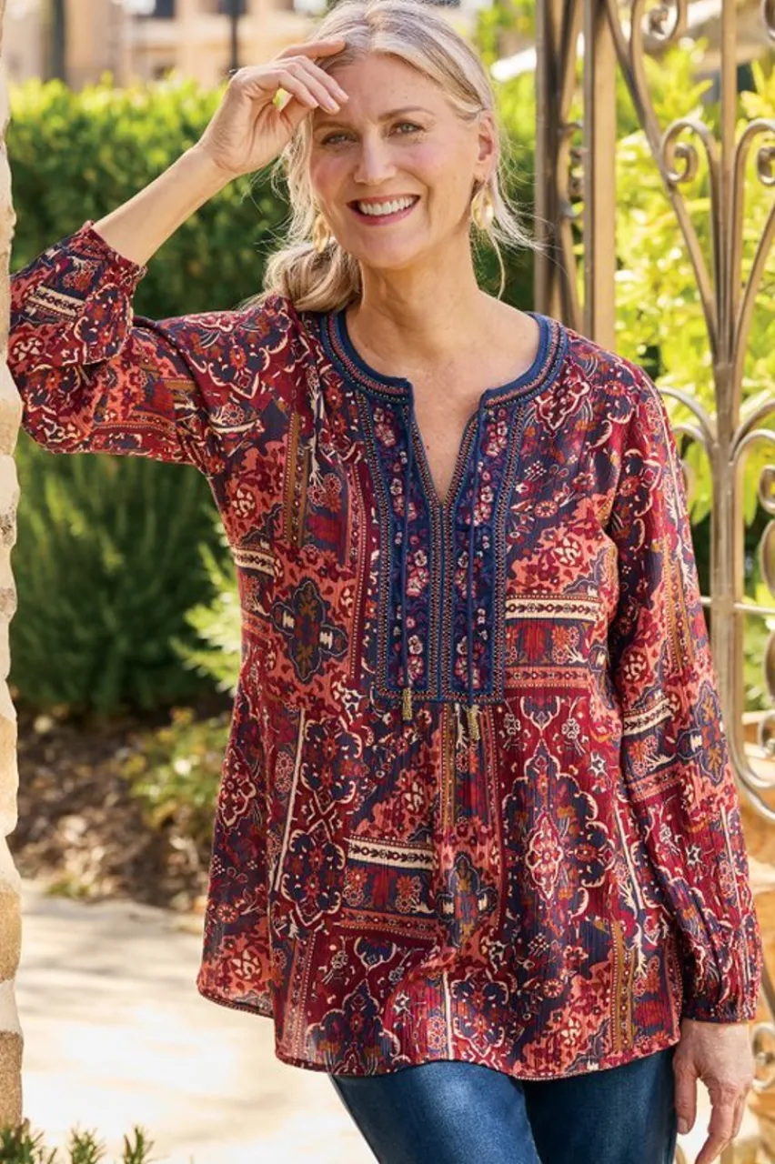 Cindra Embroidered Gauze Tunic Tops