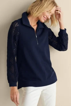 Discount Crochet Sleeve French Terry Tunic Tops