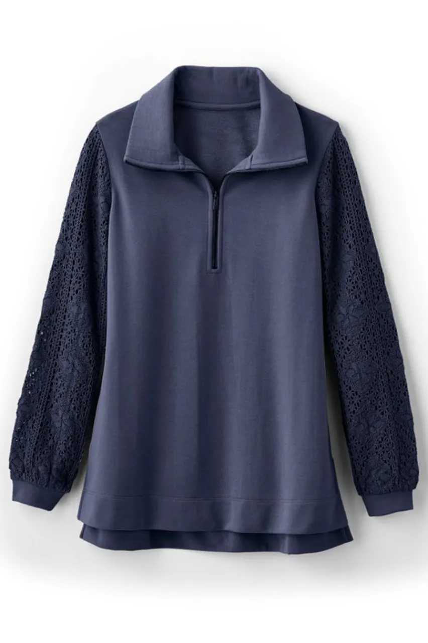 Discount Crochet Sleeve French Terry Tunic Tops