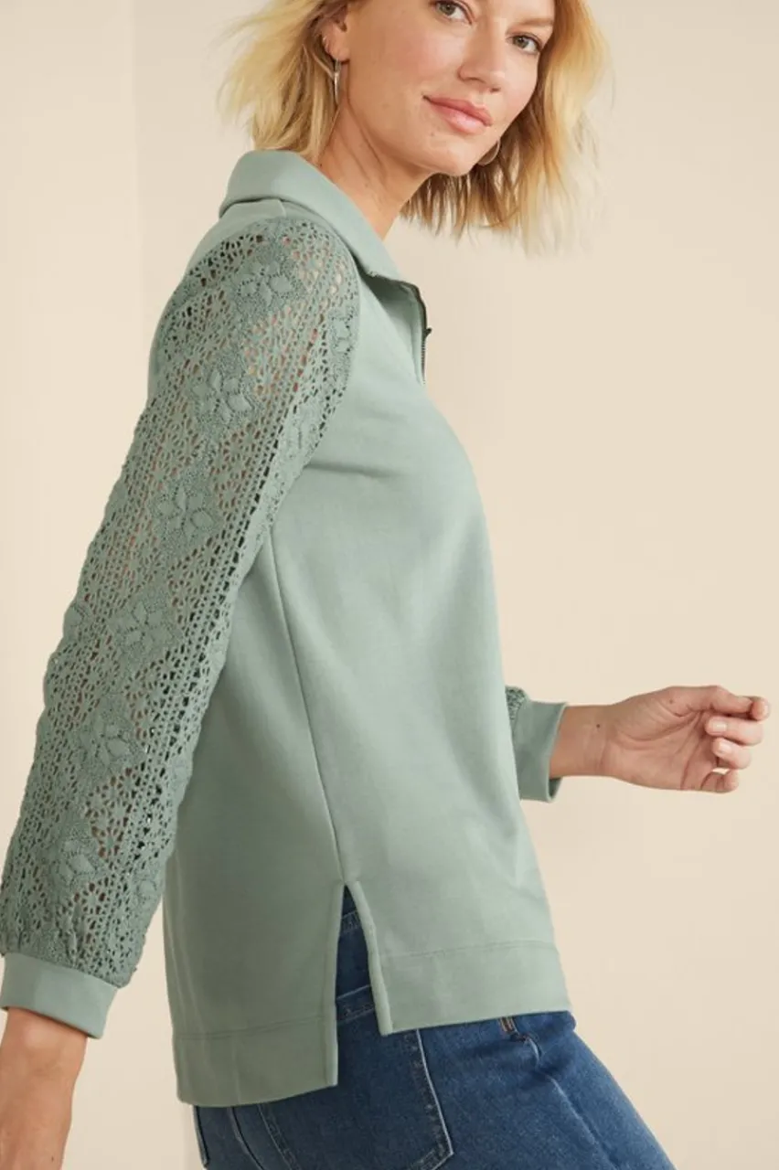 Discount Crochet Sleeve French Terry Tunic Tops