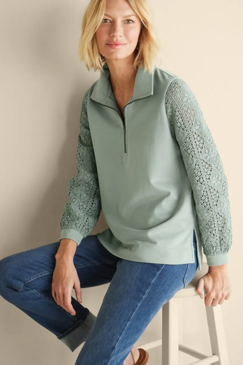 Discount Crochet Sleeve French Terry Tunic Tops