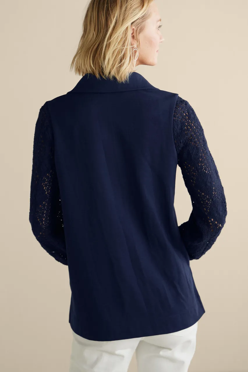 Discount Crochet Sleeve French Terry Tunic Tops