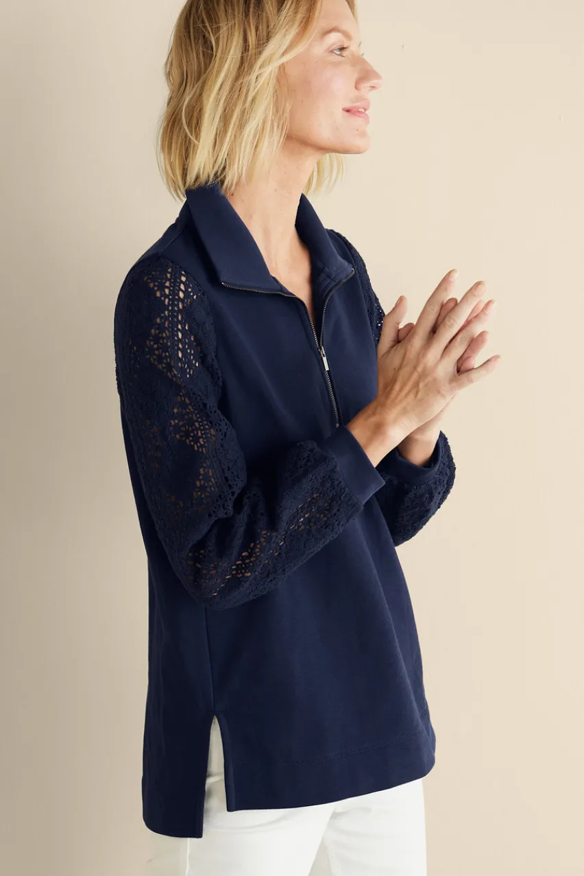 Discount Crochet Sleeve French Terry Tunic Tops