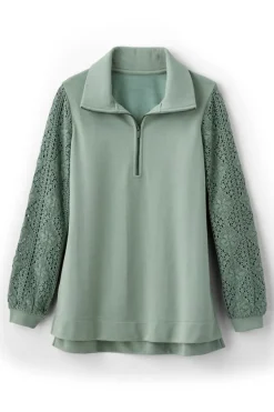 Discount Crochet Sleeve French Terry Tunic Tops