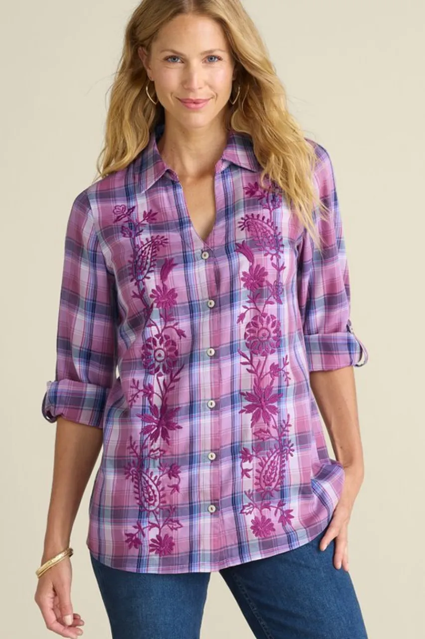 Gracie Embroidered Plaid Big Shirt Tops